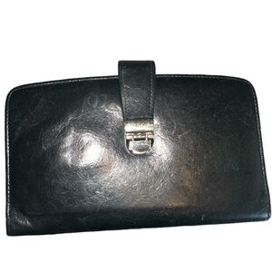 BOSCA wallet clutch black leather silver buckle adornment monogram